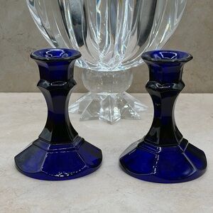 Set Of 2 Vintage Libbey Cobalt Worthington 6 Panel Candle Holders Reversible